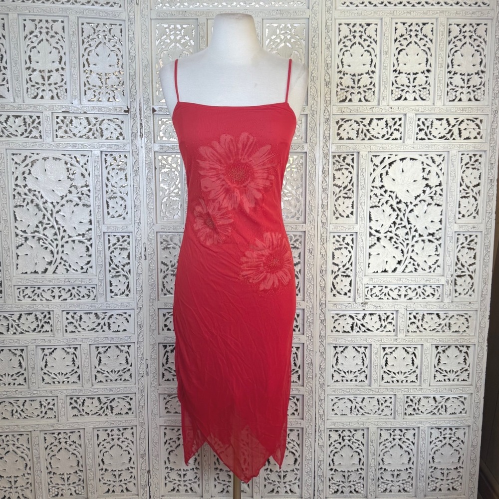 Vtg Y2K Rampage Floral Asymmetric Midi Dress Sz XS/S Slip Fairy Romantic Dainty